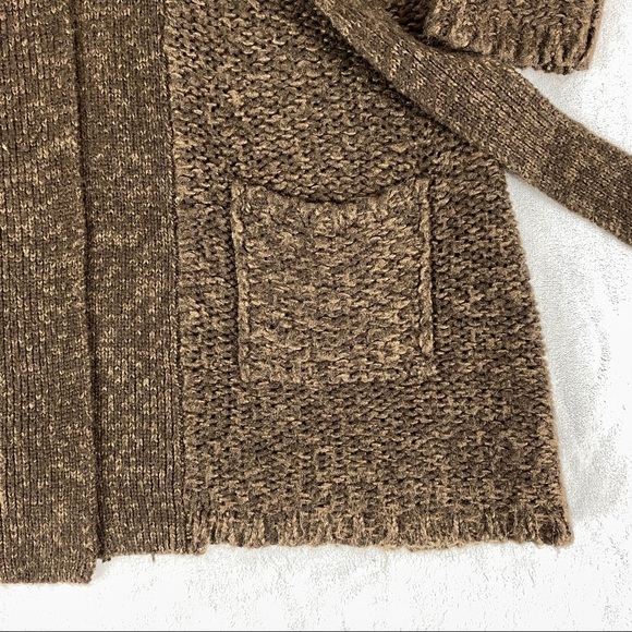 Reitmans Open Front Cardigan Sweater Sz Medium Brown Hip Length Pockets Neck Tie - Picture 7 of 12